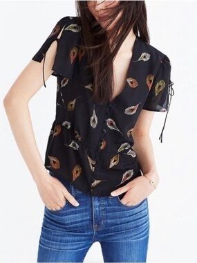 MADEWELL Silk Belle Top Peacock Feathers Size 2 short sleeve button down